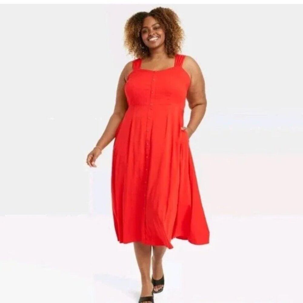 NWT Ava & Viv Red Button Front A-Line Fit & Flare Summer Dress Size 2X